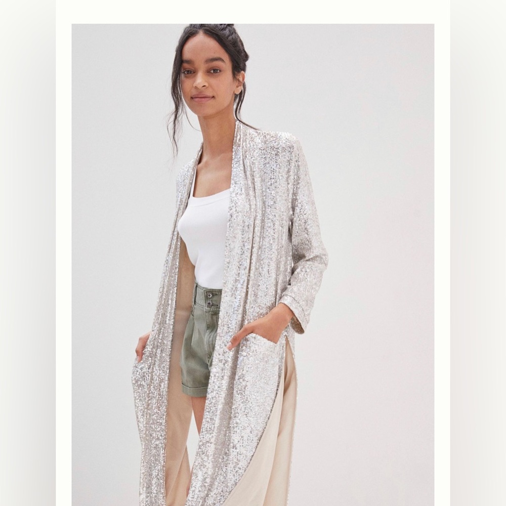 BB Dakota Sequin Duster Jacket Silver Size Medium